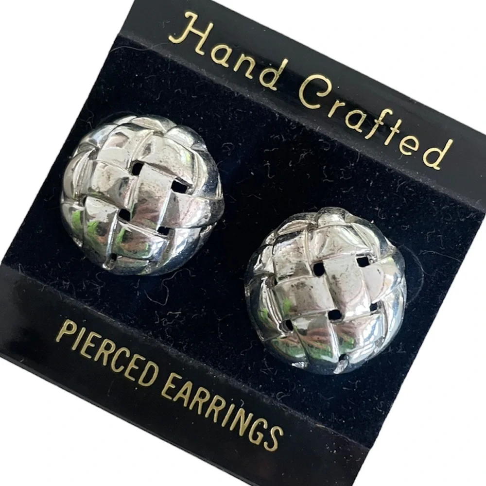Silver Round Statement Earrings Basketweave Detail - Picture 2 of 5